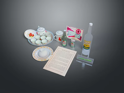 Practical Household Items Including Teacups Teapot Plates Bottle And Package 3d model