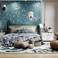 Kids Room Starry Sky Wall Constellations Green Headboard Bed Plush Toys Round Bean Bag Chair