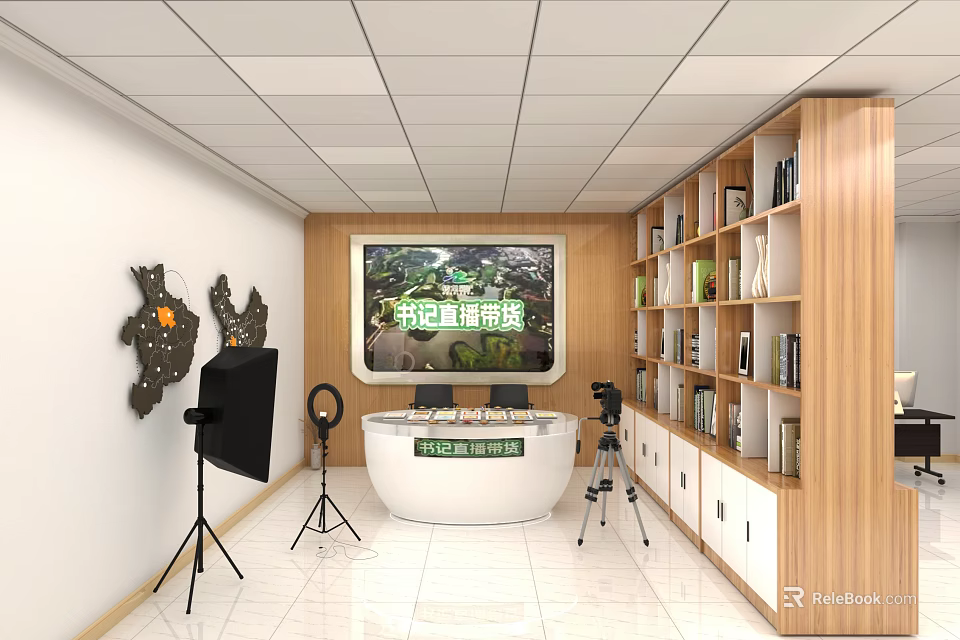 Public Office Space Featuring Bookshelves Live Broadcast Equipment Cameras And Lighting 3d model 