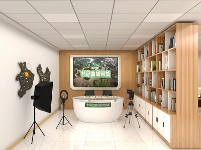 Public Office Space Featuring Bookshelves Live Broadcast Equipment Cameras And Lighting 3d model