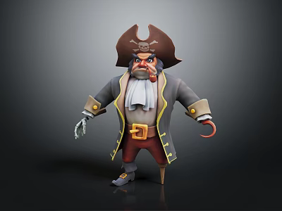 One Eyed Bearded Pirate Character 3D Model With Skull Hat Hook And Metal Hand 3d model