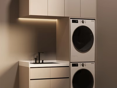 Modern Laundry Room Featuring Stacked Washing Machines Light Colored Cabinets And Countertop Faucet 3d model