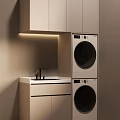 Modern Laundry Room Featuring Stacked Washing Machines Light Colored Cabinets And Countertop Faucet