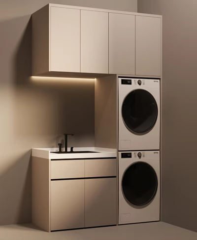 Modern Laundry Room Featuring Stacked Washing Machines Light Colored Cabinets And Countertop Faucet 3d model