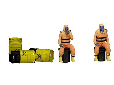 Industrial Equipment For Hazardous Material Handling With Yellow Radioactive Barrels And Protective Suit Workers Monitoring 3d model
