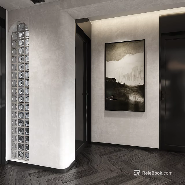 Modern Foyer Hallway Interior With Glass Blocks And Art Painting 3d model 