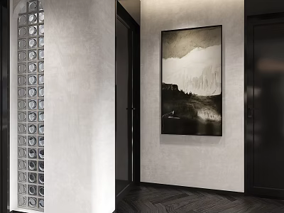 Modern Foyer Hallway Interior With Glass Blocks And Art Painting 3d model