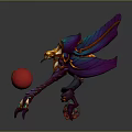Game Fantasy Creature Character with Purple Blue Wings Orange Accents Glowing Red Orb