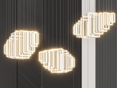 Modern Stylish Geometric Chandeliers Illuminated Design With Striped Wall Background 3d model