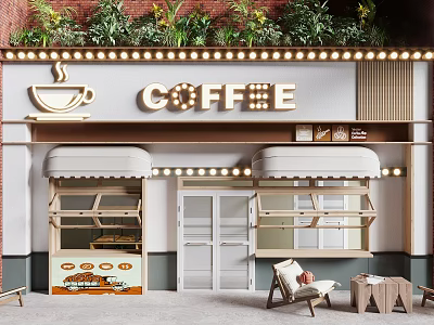Coffee Shop Facade With Coffee Cup Logo Green Plants Awnings And Outdoor Seating 3d model