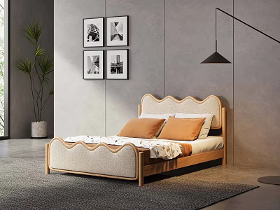 Double Bed With Scalloped Beige Headboard Wooden Frame Orange Pillows And Black White Wall Art Green Plant Bright Light 3d model