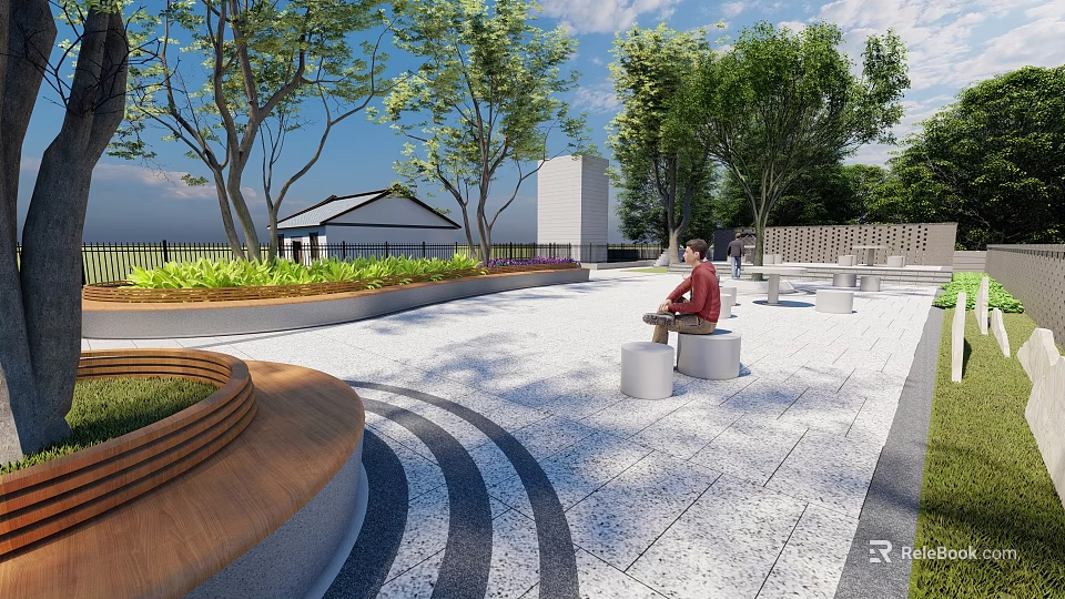 Beautiful Park Landscape With Green Trees Person Sitting On Stone Stools And Circular Paved Patterns 3d model