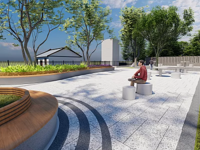Beautiful Park Landscape With Green Trees Person Sitting On Stone Stools And Circular Paved Patterns 3d model