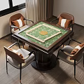 Mahjong Table Setup With Green Top Four Chairs And Wooden Floor Curtains In Room