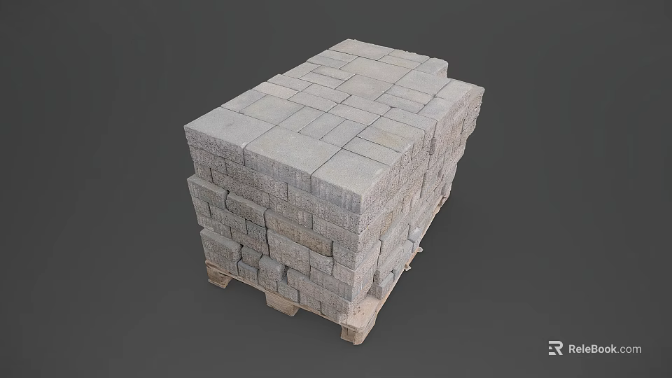 Gray Stone Blocks Neatly Stacked on Sturdy Wooden Pallets in Orderly Arrangement 3d model 