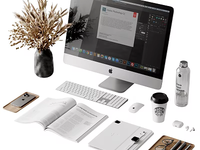 Modern Workspace Setup With iMac Keyboard Notebook Coffee Cup Flowers And Water Bottle 3d model