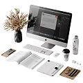Modern Workspace Setup With iMac Keyboard Notebook Coffee Cup Flowers And Water Bottle