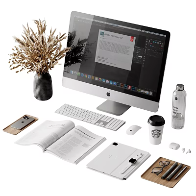 Modern Workspace Setup With iMac Keyboard Notebook Coffee Cup Flowers And Water Bottle 3d model