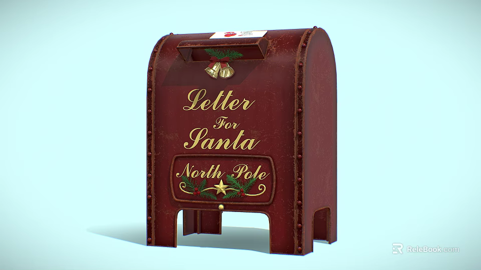 Red Christmas Themed Letter Mailbox With Santa North Pole Bell Decorations 3d model 