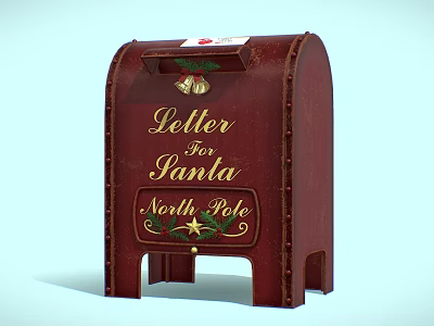 Red Christmas Themed Letter Mailbox With Santa North Pole Bell Decorations 3d model