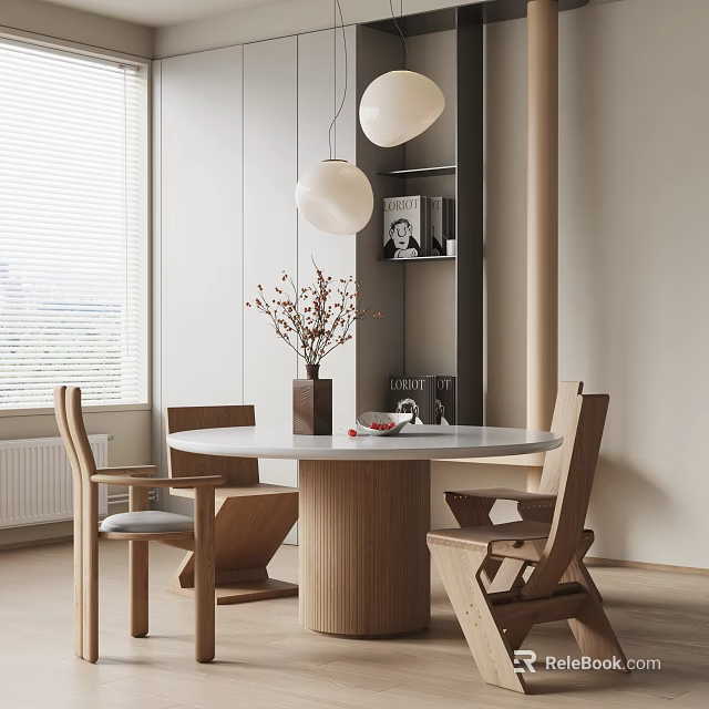 Minimalist Wooden Round Dining Table Set with Chairs Vase Flowers and Hanging Lights 3d model 