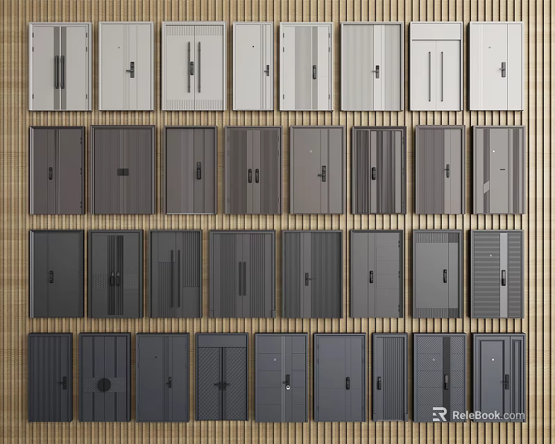 Various Modern Security Doors With Different Designs Display On Wooden Background 3d model