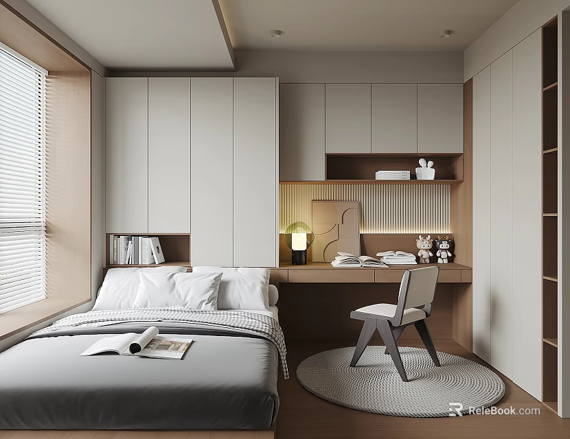 Tatami Bedroom Interior With White Wardrobes Desk Chair Table Lamp And Round Rug 3d model 