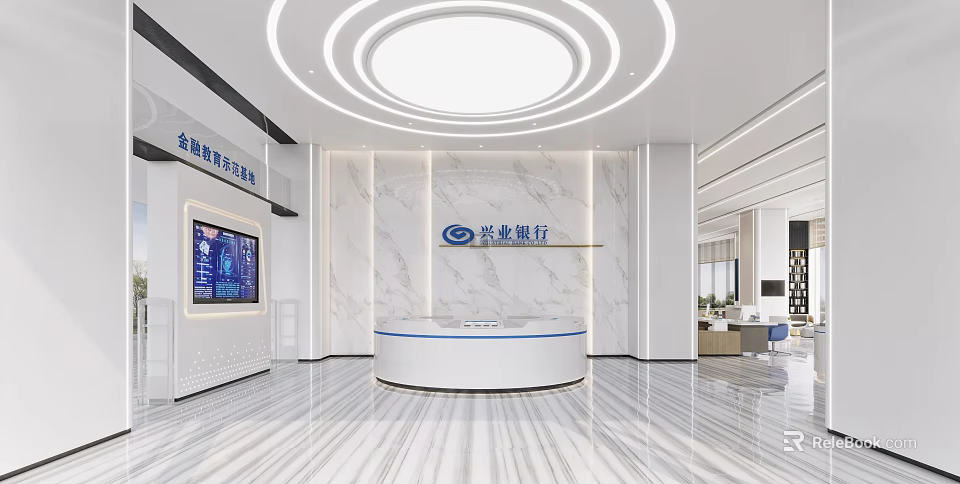 Modern Bank Lobby Interior With Marble Walls Reception Desk Digital Screens And Lighting Design 3d model 