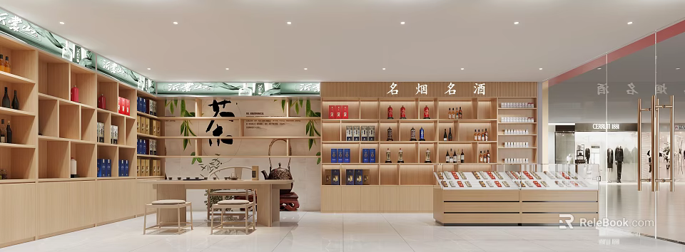 Premium Tobacco And Alcohol Store With Tea Products And Wooden Display Shelves 3d model 