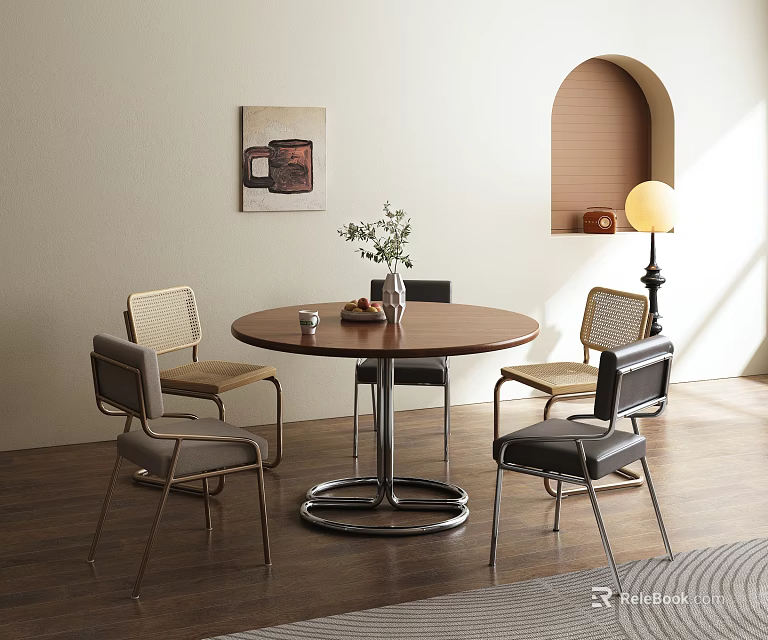 Modern Round Wooden Dining Table Set With Chairs Artwork Floor Lamp And Warm Light 3d model 