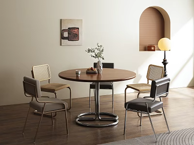 Modern Round Wooden Dining Table Set With Chairs Artwork Floor Lamp And Warm Light 3d model