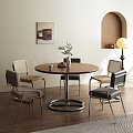 Modern Round Wooden Dining Table Set With Chairs Artwork Floor Lamp And Warm Light