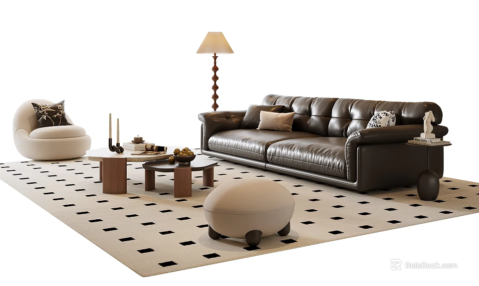 Modern Black Leather Sofa And Coffee Table Set With Floor Lamp Checkered Rug And Ottoman 3d model 