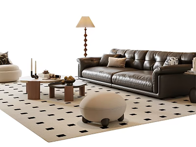 Modern Black Leather Sofa And Coffee Table Set With Floor Lamp Checkered Rug And Ottoman 3d model