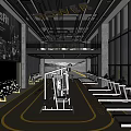 Modern Industrial Fitness Gym With Power Sign Treadmills Weightlifting Equipment And Yellow Floor Lines