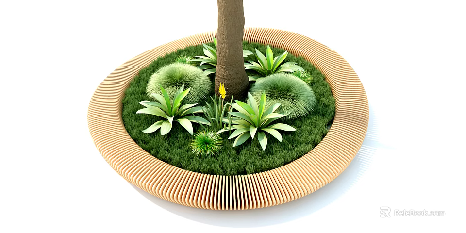 Circular Wooden Outdoor Chair Design Around Tree With Green Plants And Grass 3d model 