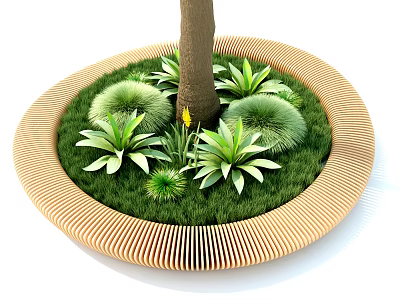 Circular Wooden Outdoor Chair Design Around Tree With Green Plants And Grass 3d model
