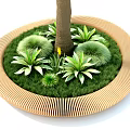 Circular Wooden Outdoor Chair Design Around Tree With Green Plants And Grass