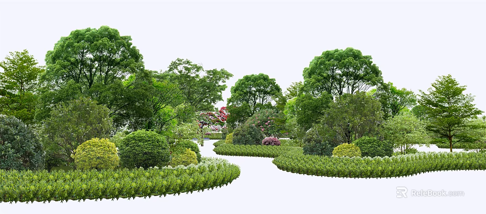 Arbor Trees in Lush Garden Landscape With Green Bushes Flower Beds and Pathway 3d model 