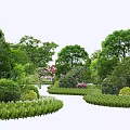 Arbor Trees in Lush Garden Landscape With Green Bushes Flower Beds and Pathway