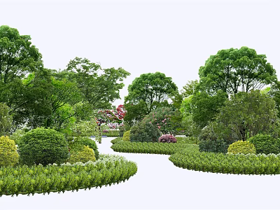 Arbor Trees in Lush Garden Landscape With Green Bushes Flower Beds and Pathway 3d model