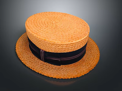 Orange Woven Straw Hat With Black Striped Ribbon Summer Daily Accessory 3d model