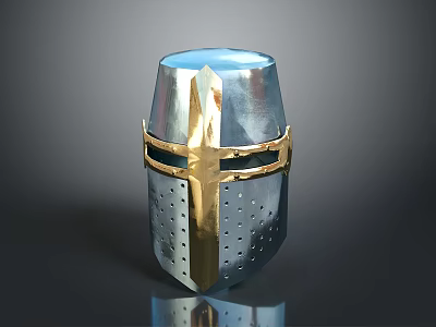Medieval Weapon Helmet With Silver Body Golden Cross Design And Perforations 3d model