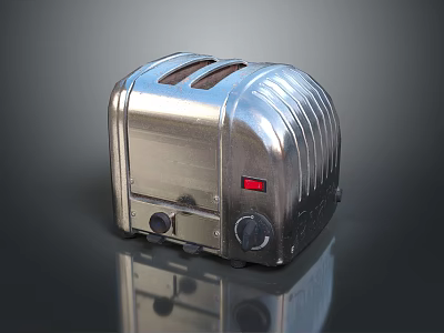 Stainless Steel Two Slot Toaster Kitchen Appliance With Red Indicator Light And Control Knobs 3d model