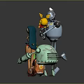 Vibrant Characters And Creatures Including Female Figure Robots Small Robot Flying Creature And Mechanical Vehicle