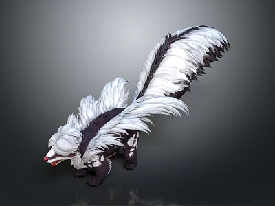 Realistic Skunk with Black and White Fur Fluffy Tail Standing Open Mouth 3d model
