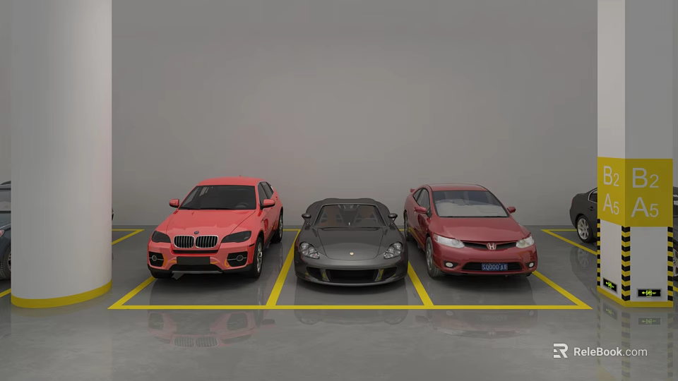 Parking Lot With Multiple Different Colored Cars Yellow Lines And Gray Floor 3d model 