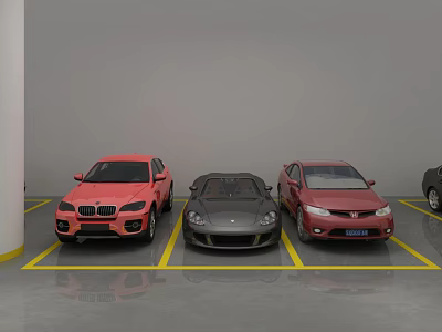 Parking Lot With Multiple Different Colored Cars Yellow Lines And Gray Floor 3d model