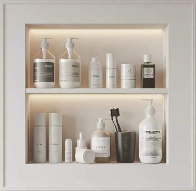 Modern Minimalist Bathroom Accessories On White Shelf With Soap Dispensers Toothbrush Holders And Lotion Bottles 3d model