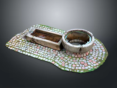 Colorful Mosaic Floor Design With Stone Circular Well And Rectangular Trough 3d model